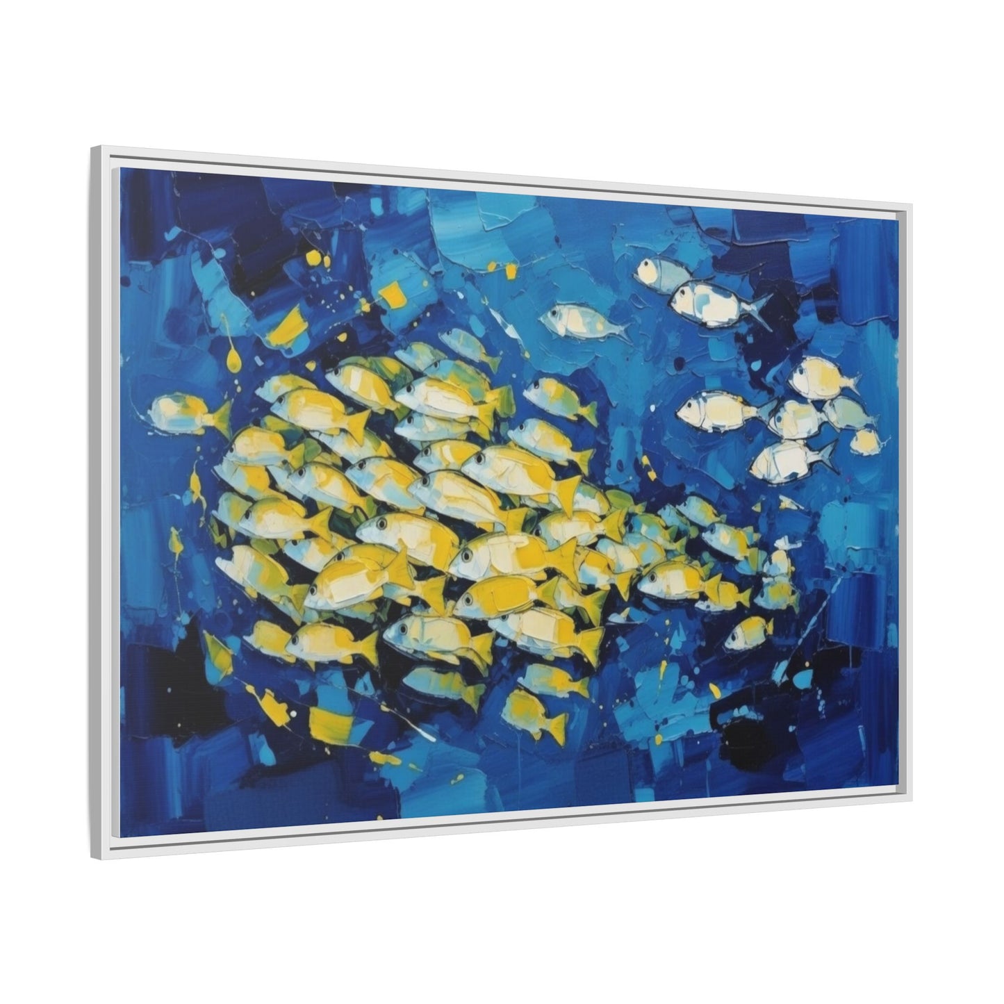 Framed Matte Canvas: Blue School of Fish Wall Art