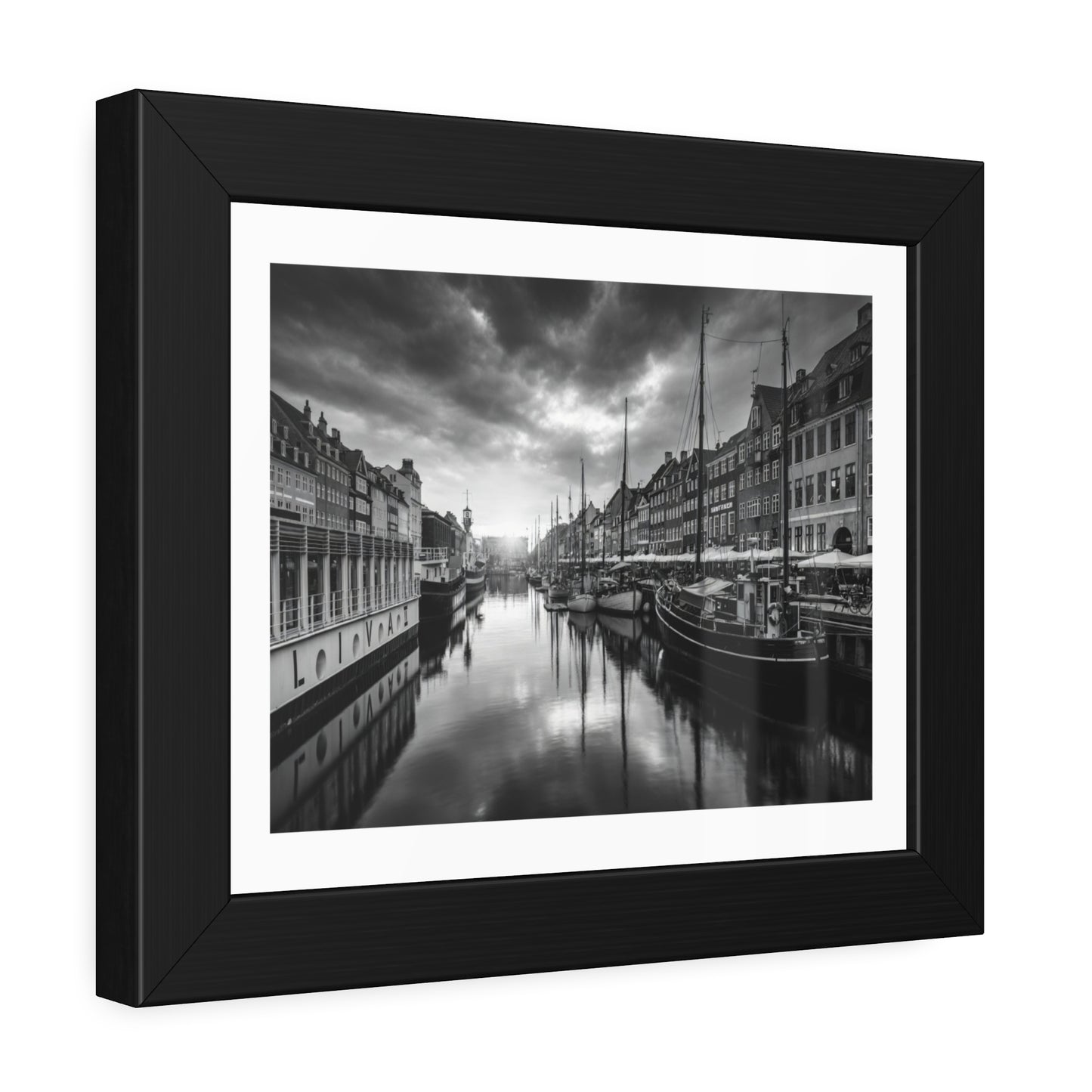 Black & White Dutch Canal Framed Photo Print — Nautical Cityscape Wall Art