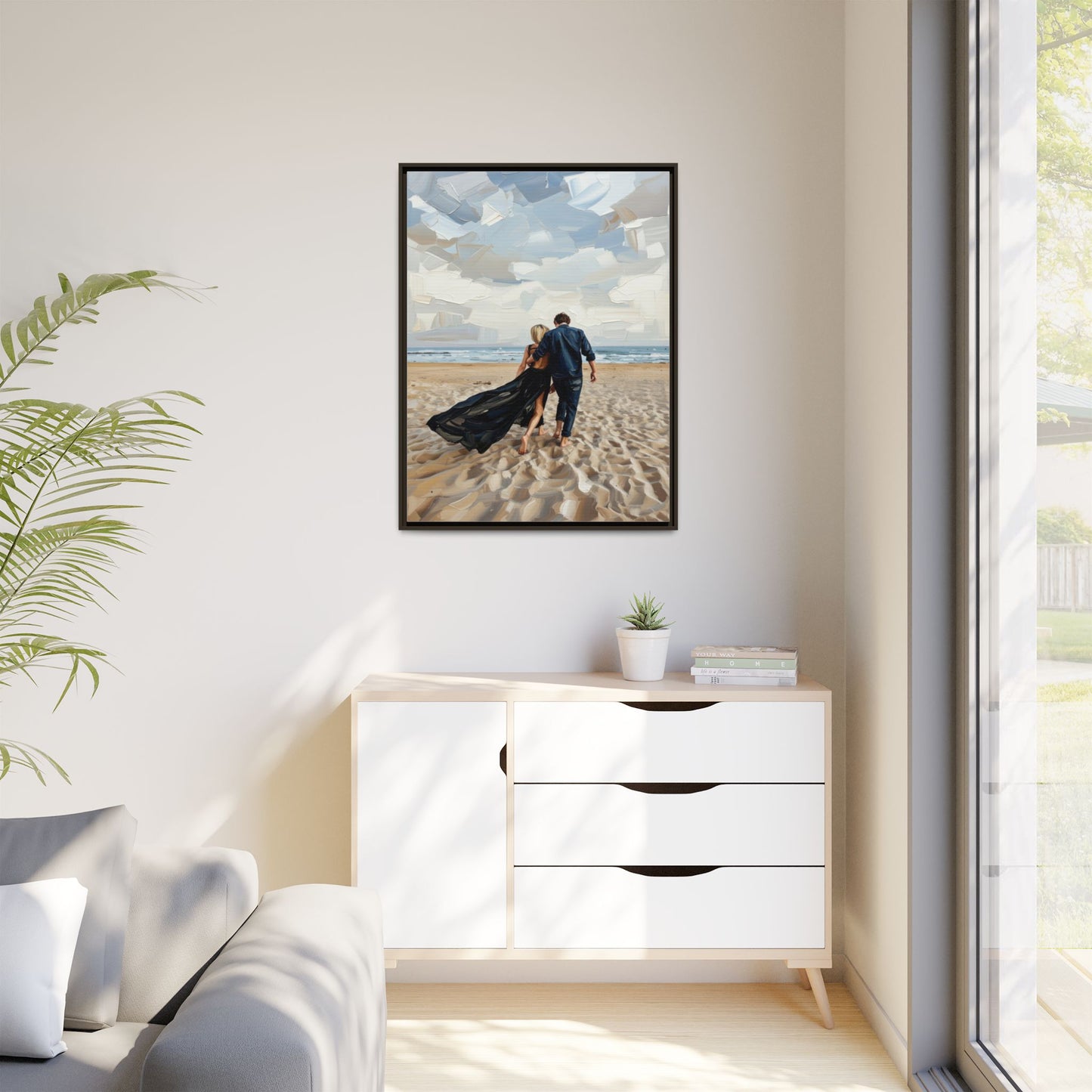 Framed Canvas Wall Art — Romantic Couple Walking on Beach Print