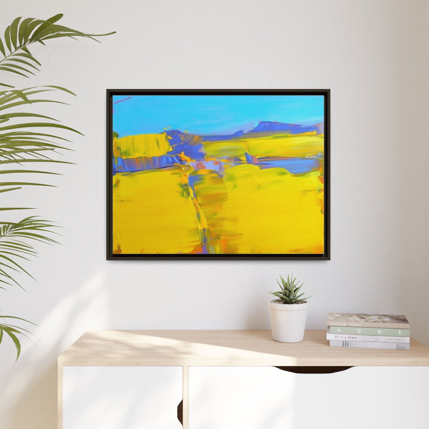 Framed Matte Canvas  Vibrant Yellow Blue Abstract Landscape Art