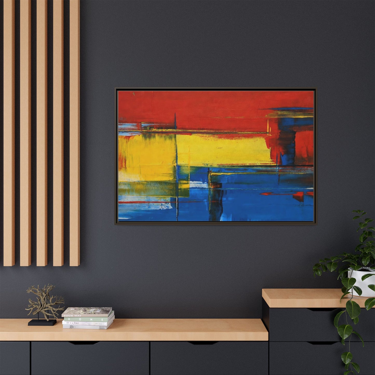 Abstract Color Block Matte Canvas Framed Wall Art — Modern Red Yellow Blue Painting