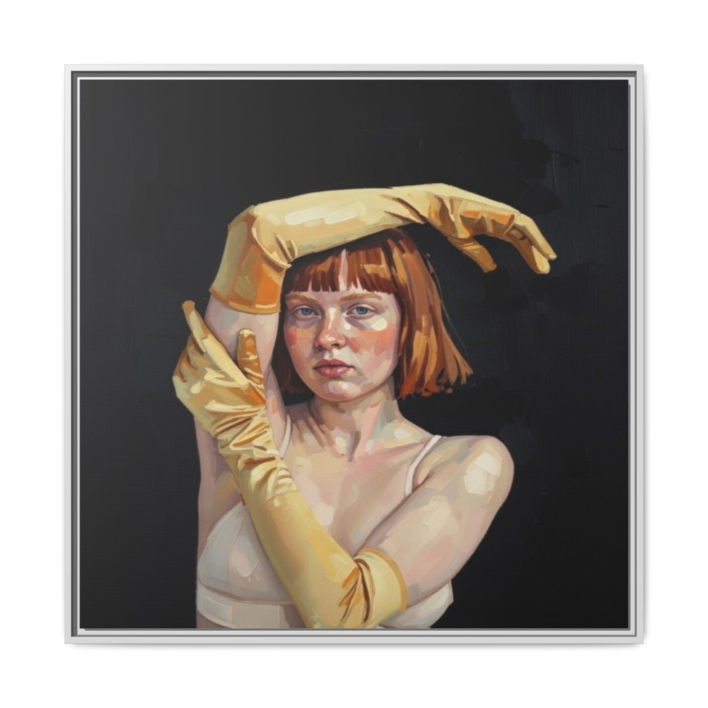 Framed Matte Canvas Art – Portrait of Woman in Yellow Gloves