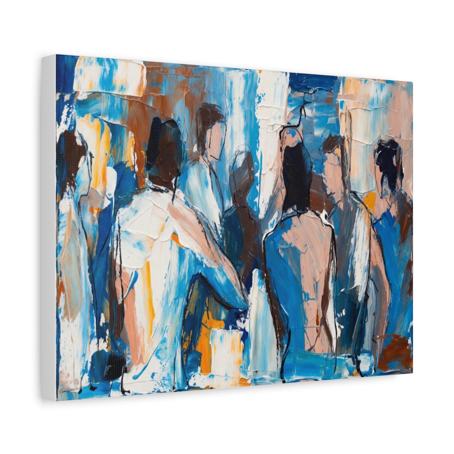 Abstract Figurative Canvas Art — Blue Social Scene Matte Stretched Canvas