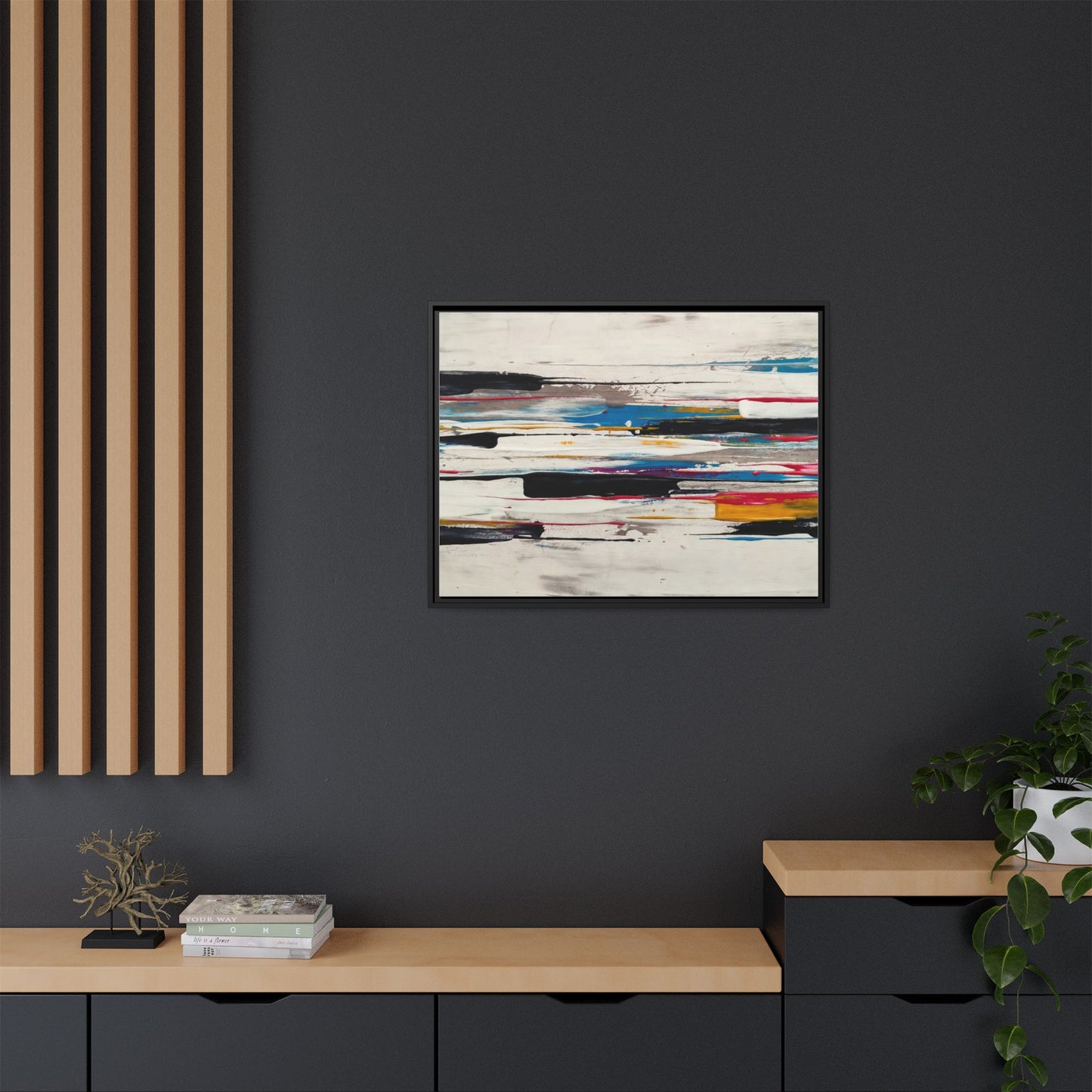 Abstract Multi-Color Framed Canvas Wall Art — Modern Horizontal Brushstroke Print