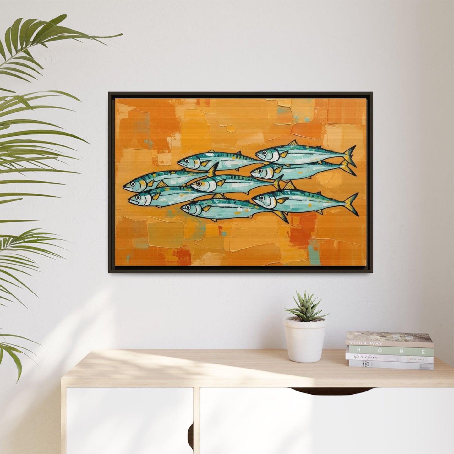 Framed Matte Canvas Print — School of Blue Fish on Orange Abstract Background