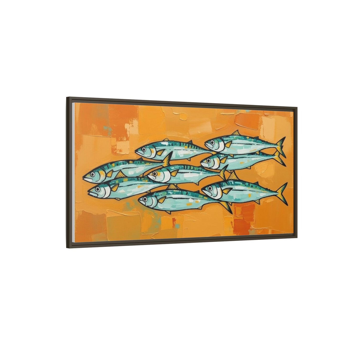 Framed Matte Canvas Print — School of Blue Fish on Orange Abstract Background