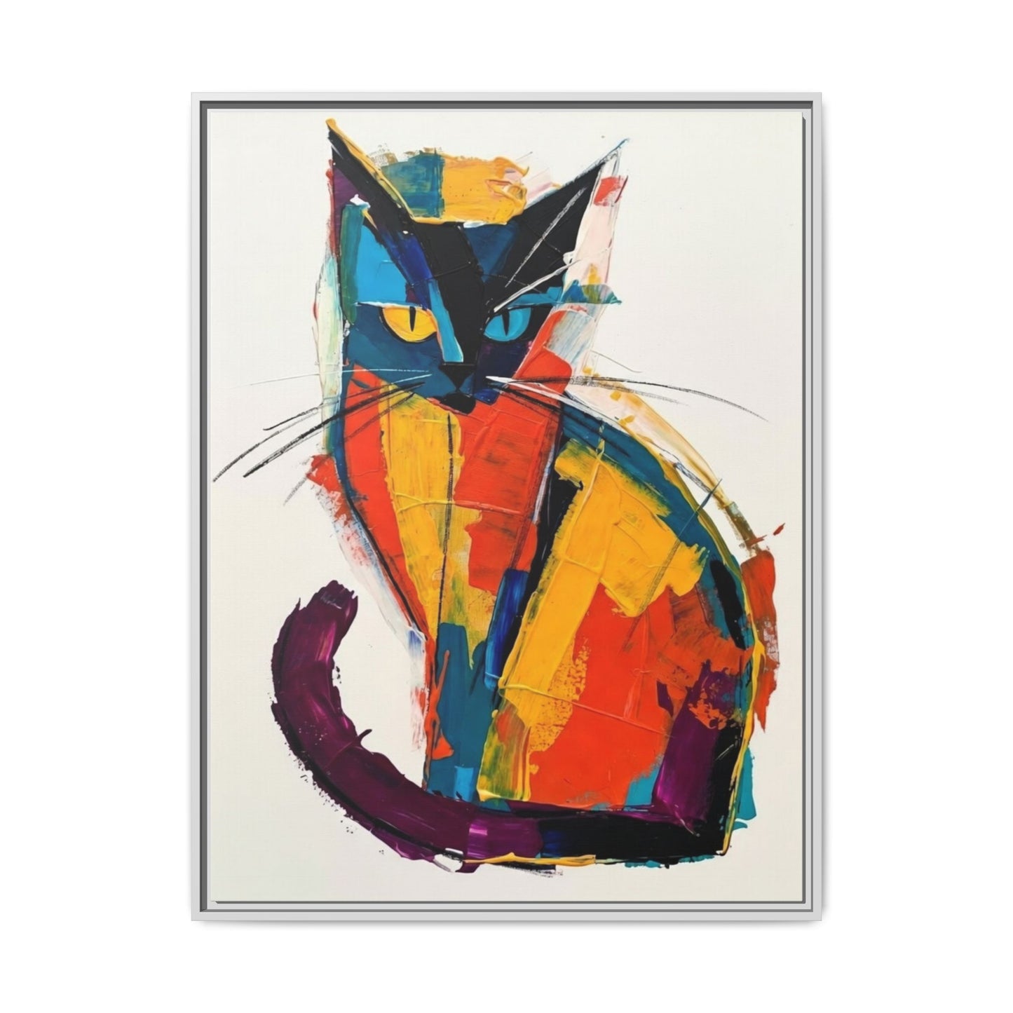 Colorful Abstract Cat Framed Canvas — Modern Matte Wall Art
