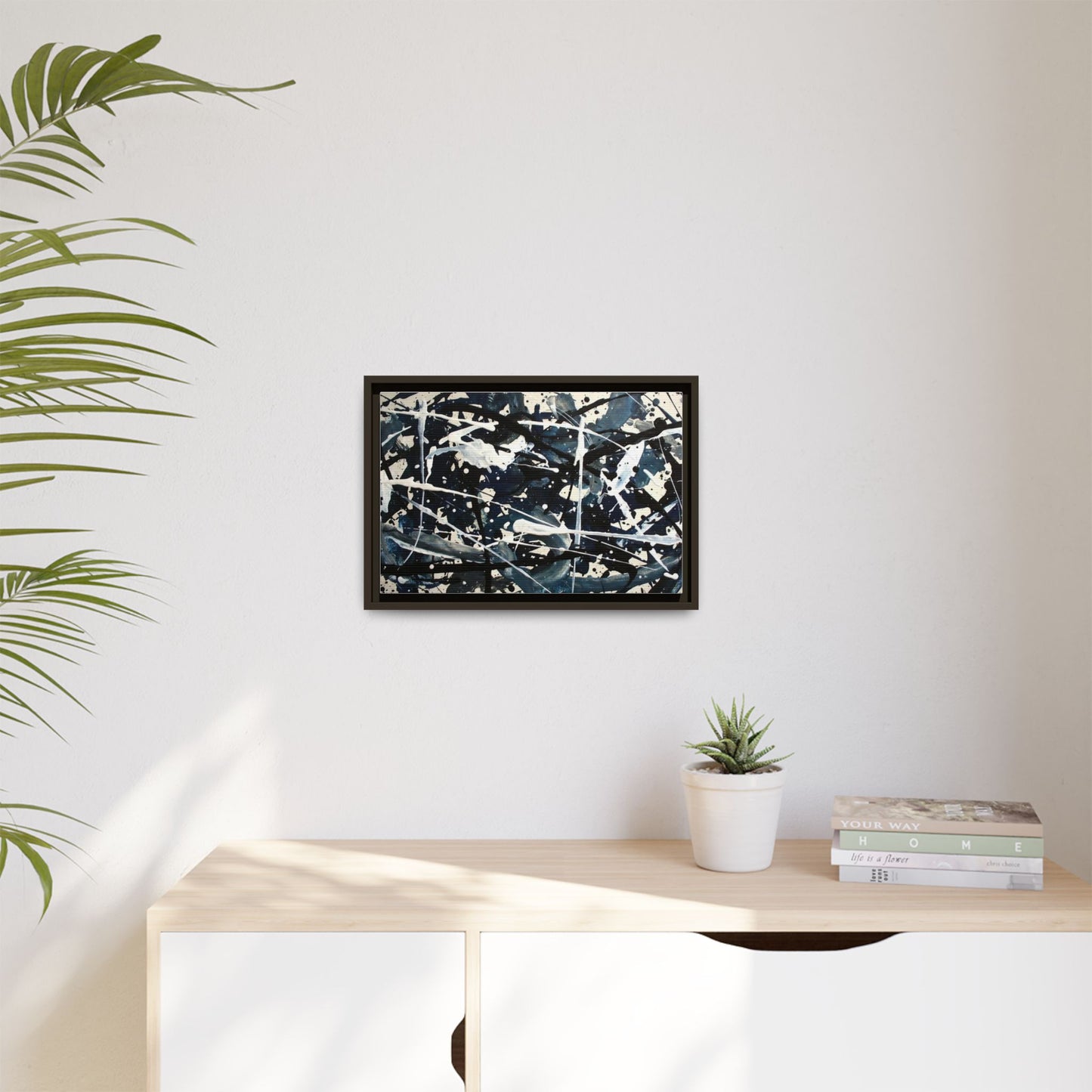 Abstract Splatter Matte Canvas Framed Wall Art — Black & Blue Modern Art Print