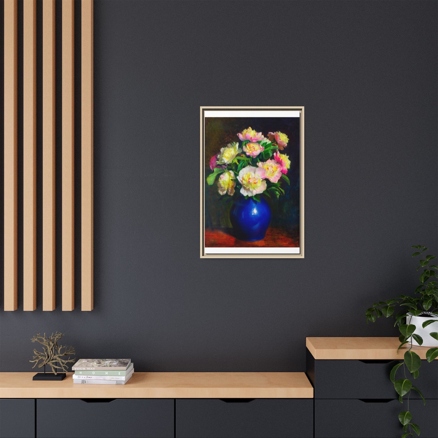 Framed Matte Canvas Wall Art — Vintage Floral Bouquet in Blue Vase