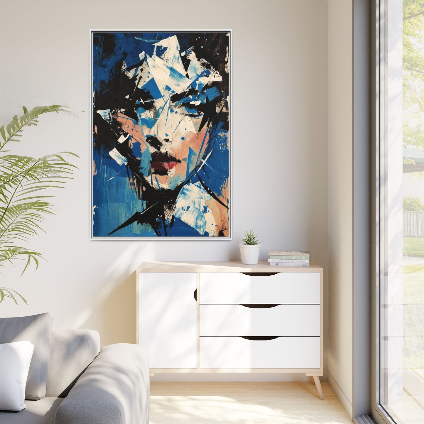 Abstract Portrait Matte Canvas Framed Wall Art — Blue Mixed-Media Face Print