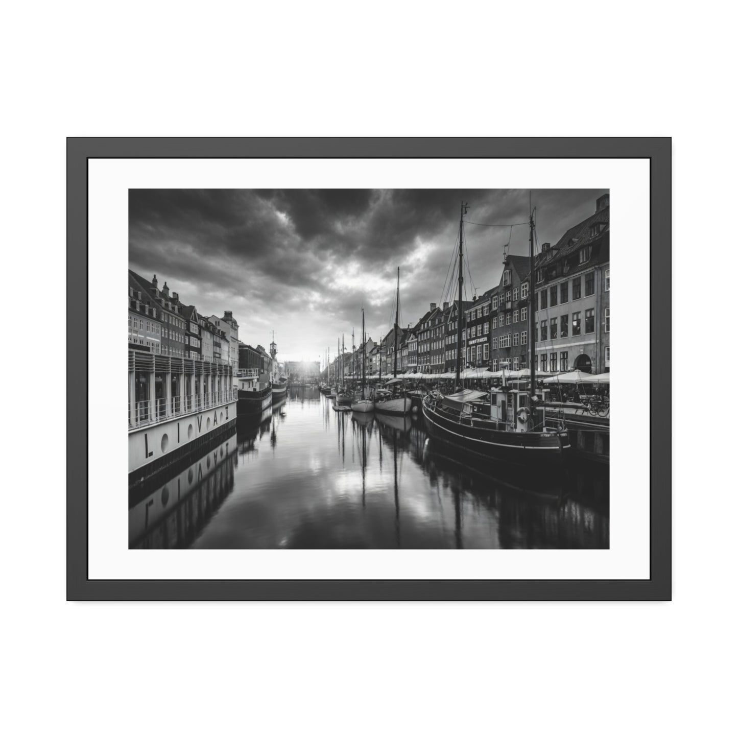 Black & White Dutch Canal Framed Photo Print — Nautical Cityscape Wall Art