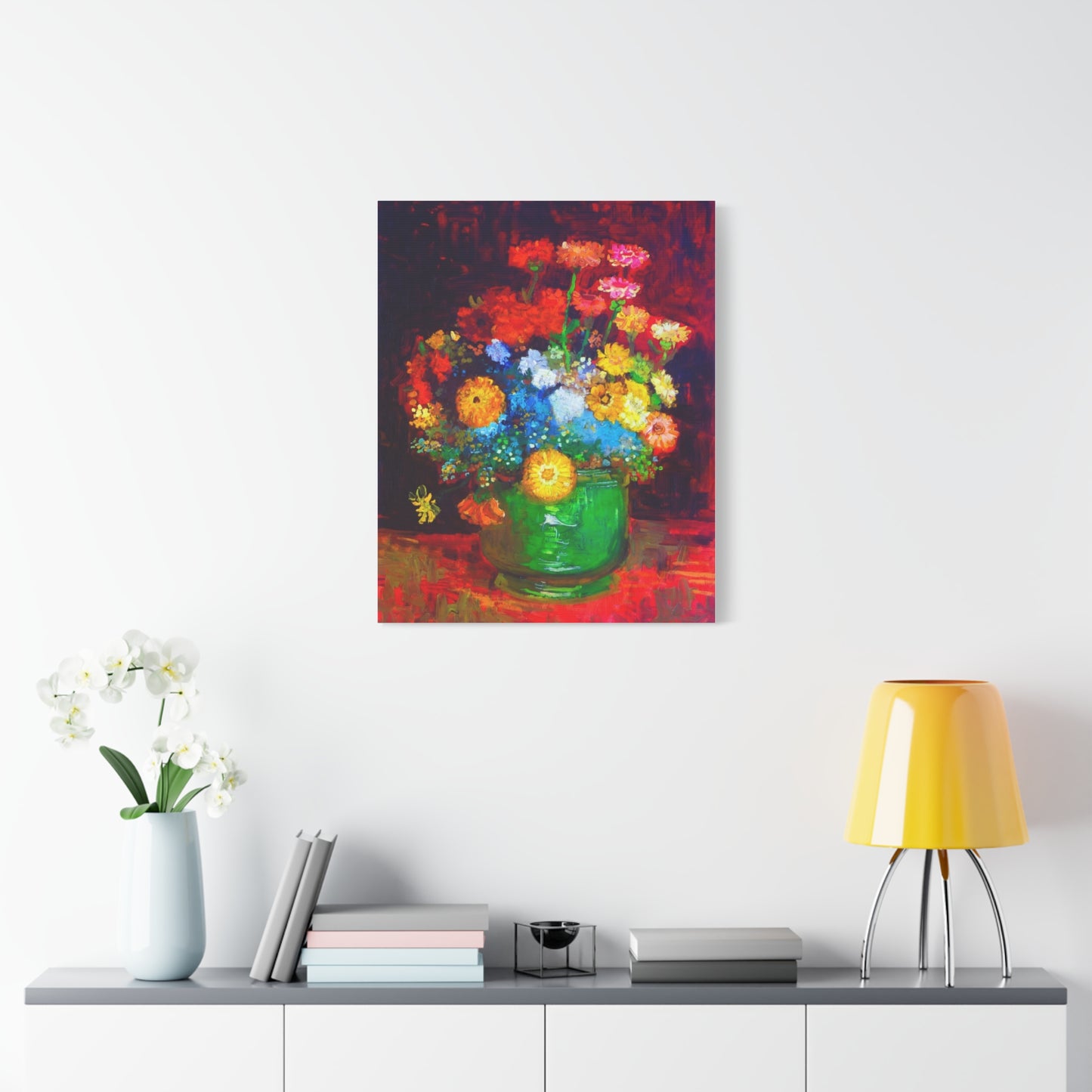 Floral Still Life Canvas Print — Vibrant Bouquet in Green Vase