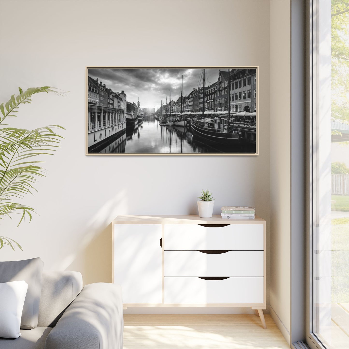 Framed Matte Canvas: Black & White Dutch Canal Photography Wall Art