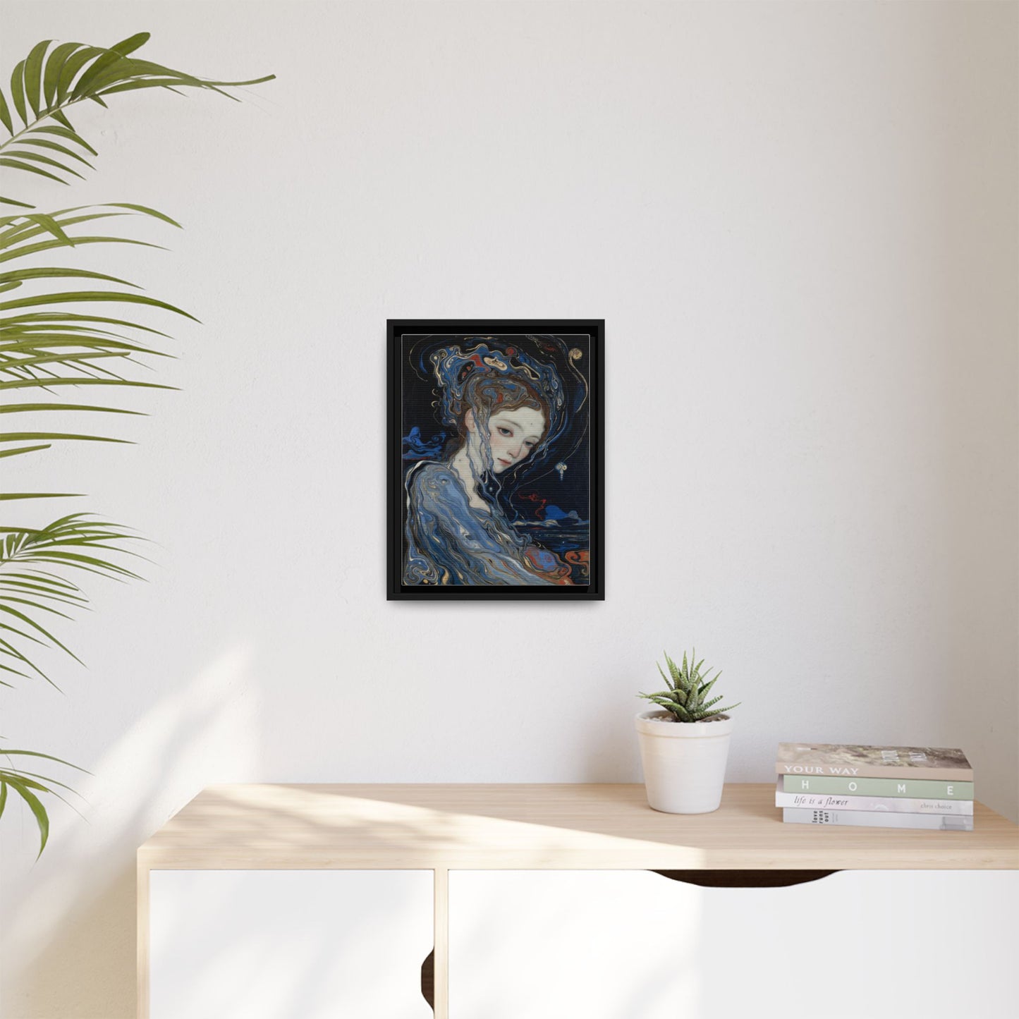 Framed Matte Canvas Art Print — Surreal Blue Maiden Portrait