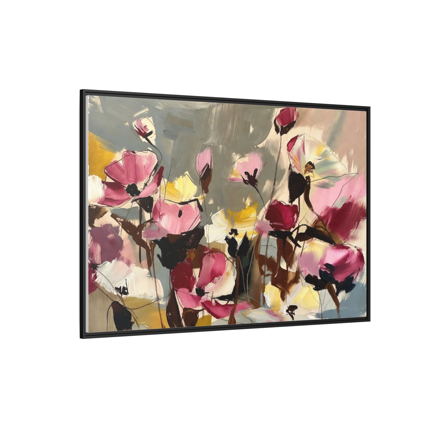 Framed Floral Canvas Wall Art — Abstract Pink & Yellow Flowers