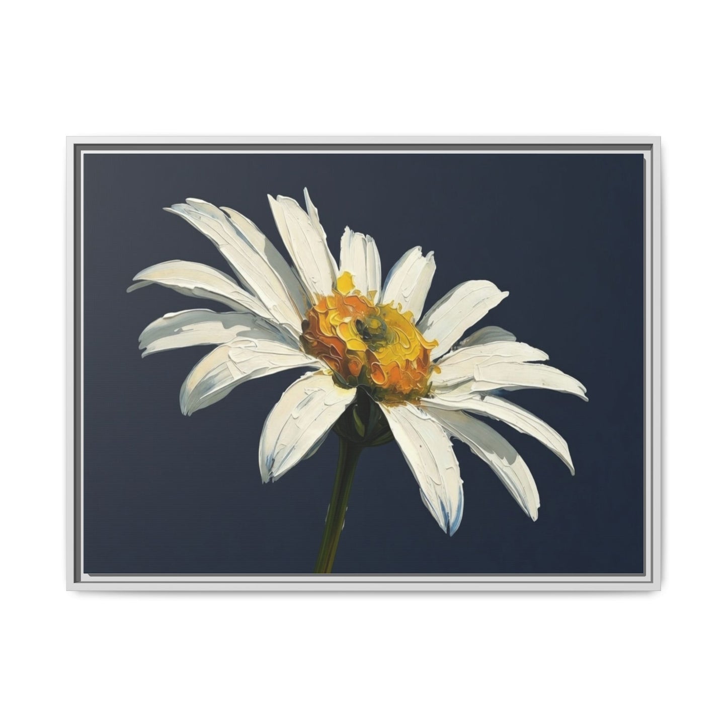Framed Matte Canvas Daisy Wall Art — White Floral Painting on Navy