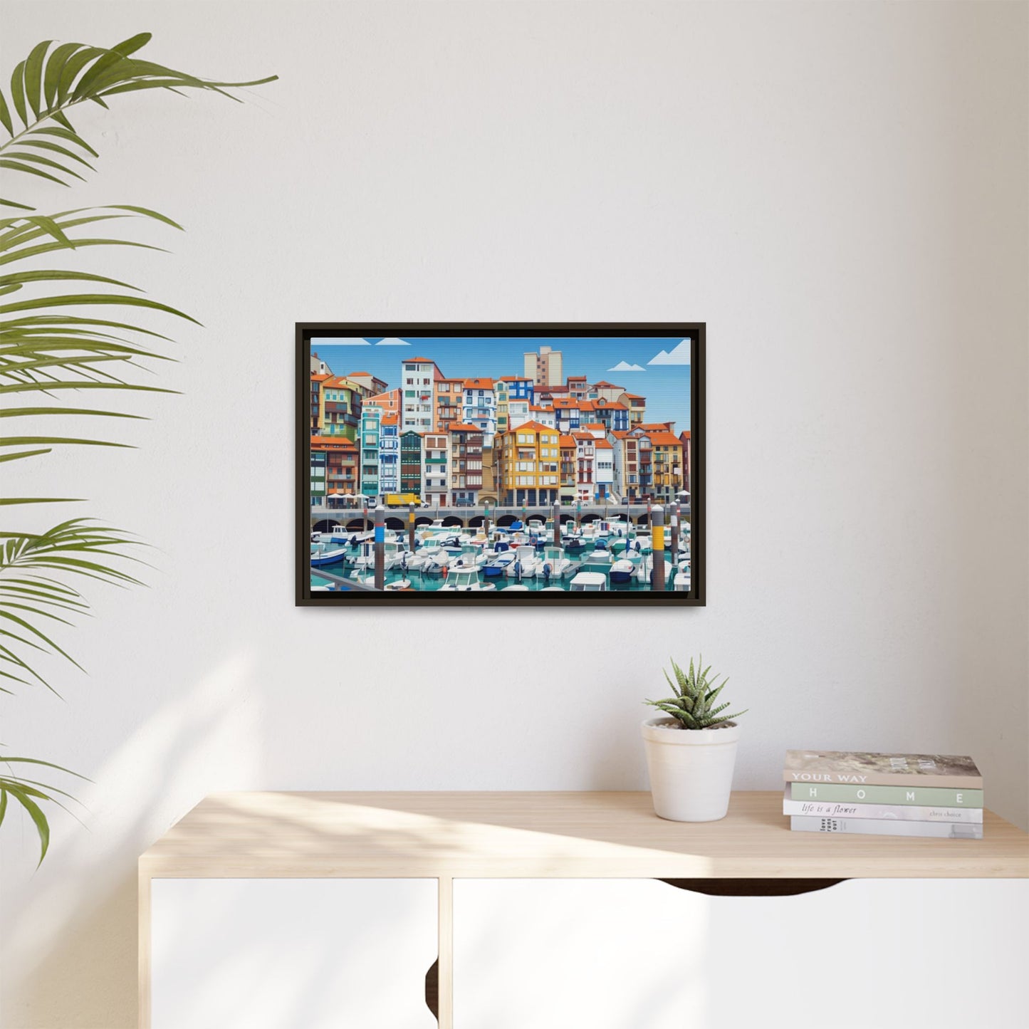 Framed Matte Canvas Print — Colorful Mediterranean Harbor Illustration