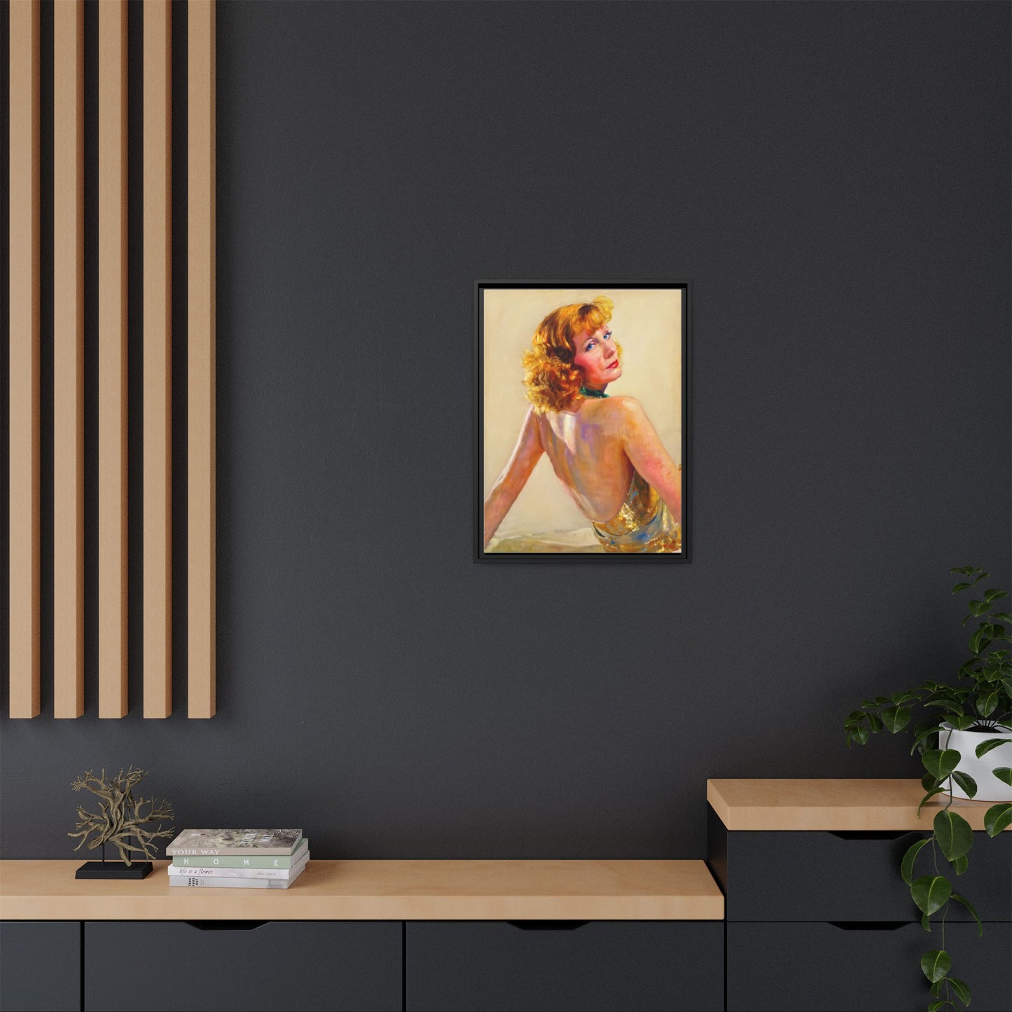 Framed Matte Canvas Print — Vintage Portrait of Redhead Greta Garbo in Gold Dress