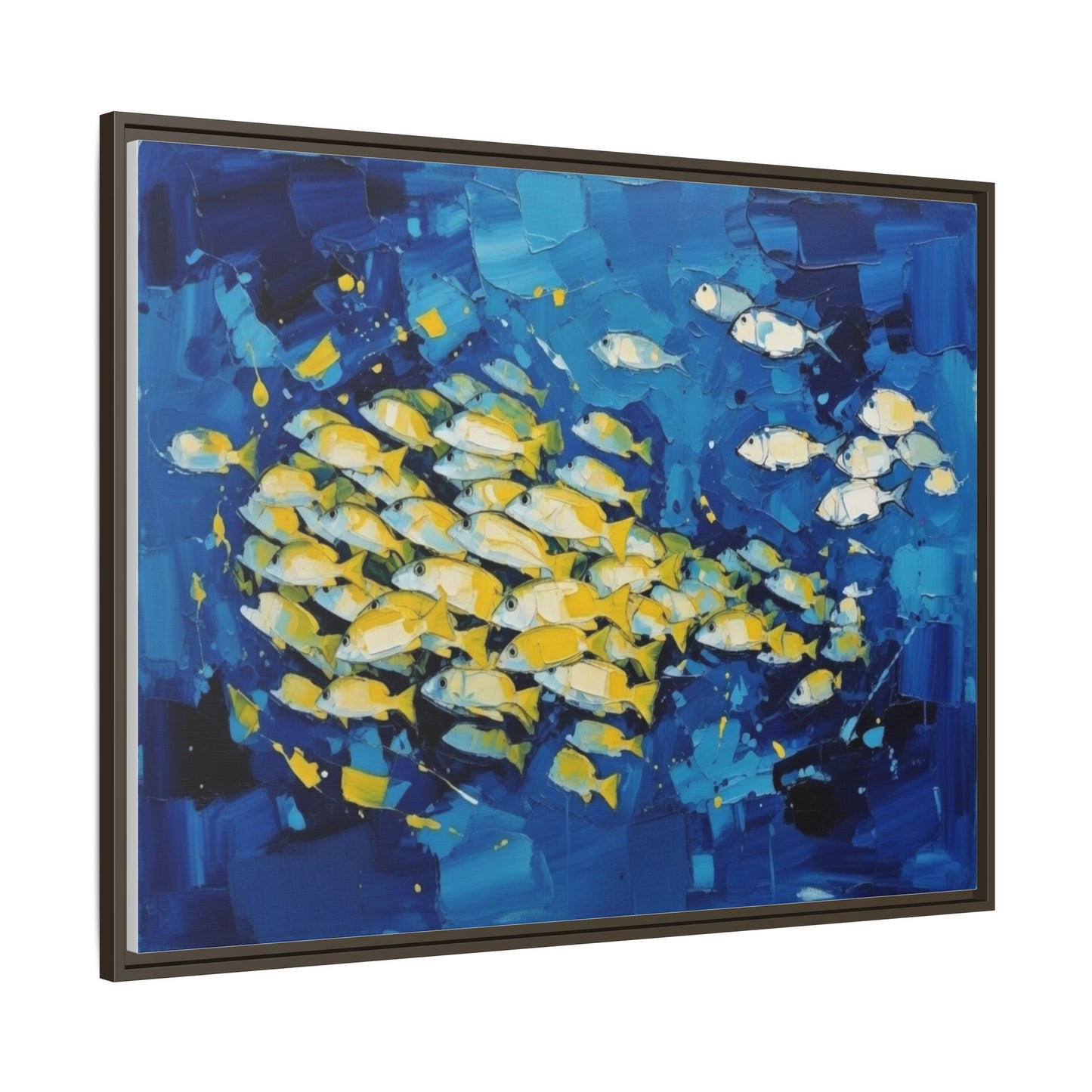 Framed Matte Canvas: Blue School of Fish Wall Art