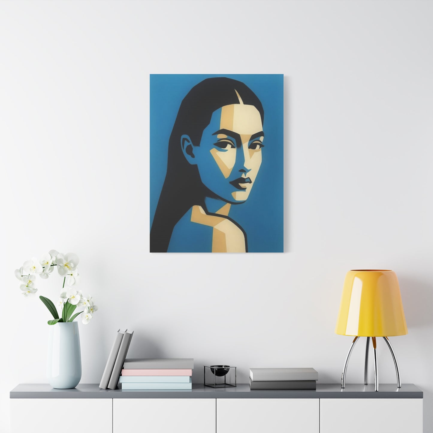 Blue Geometric Portrait Canvas - Modern Stretched Wall Art