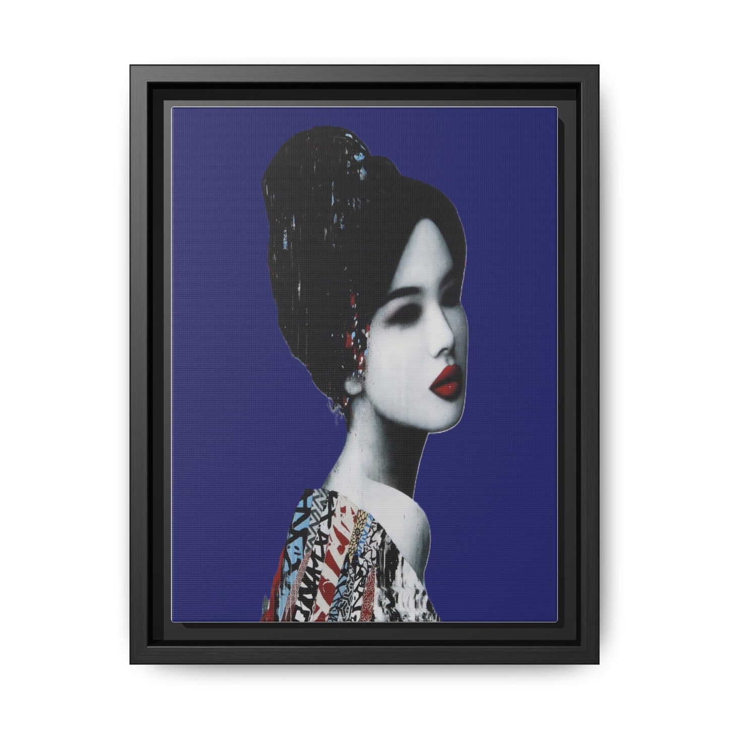 Framed Matte Canvas Art — Elegant Geisha Portrait on Deep Blue