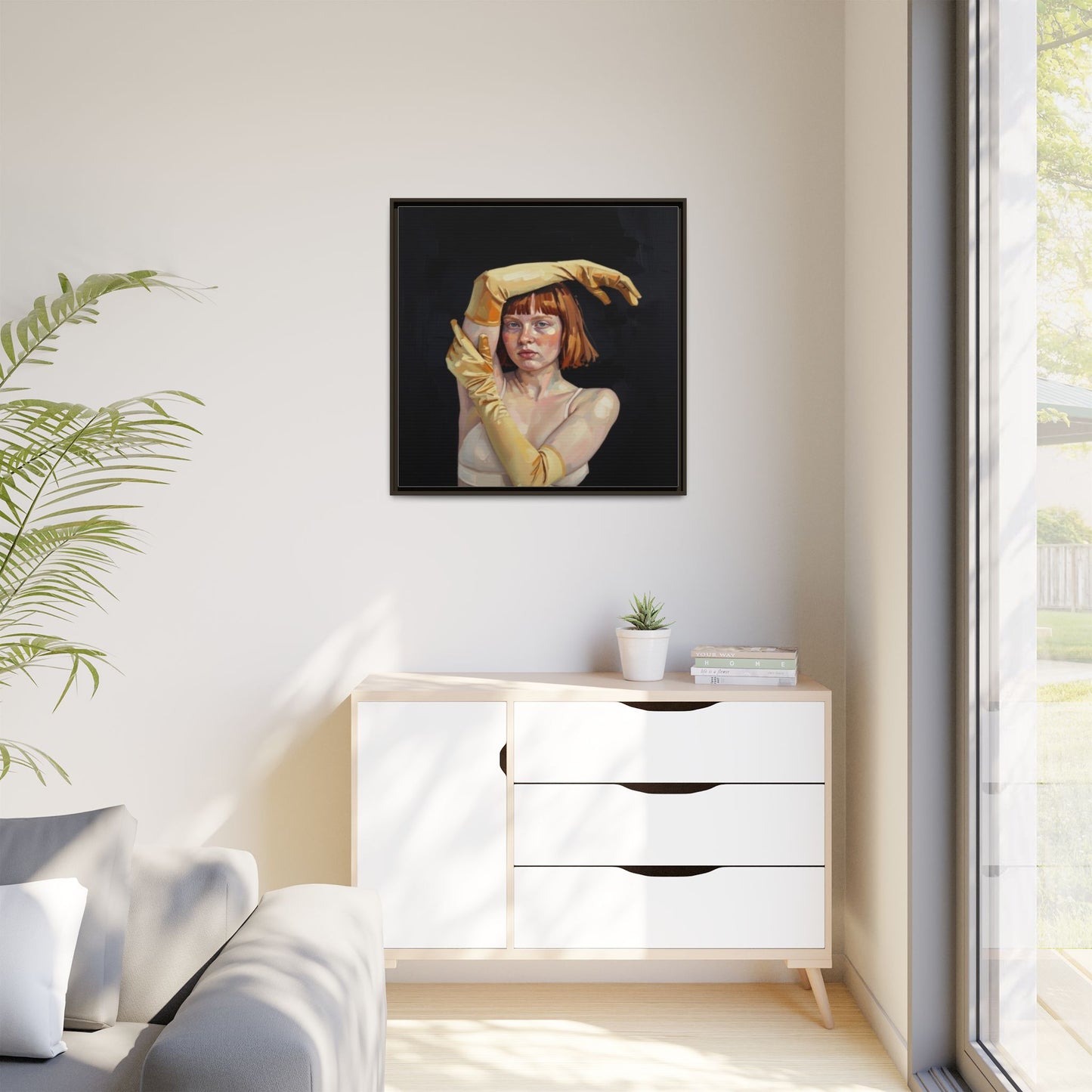 Framed Matte Canvas Art – Portrait of Woman in Yellow Gloves