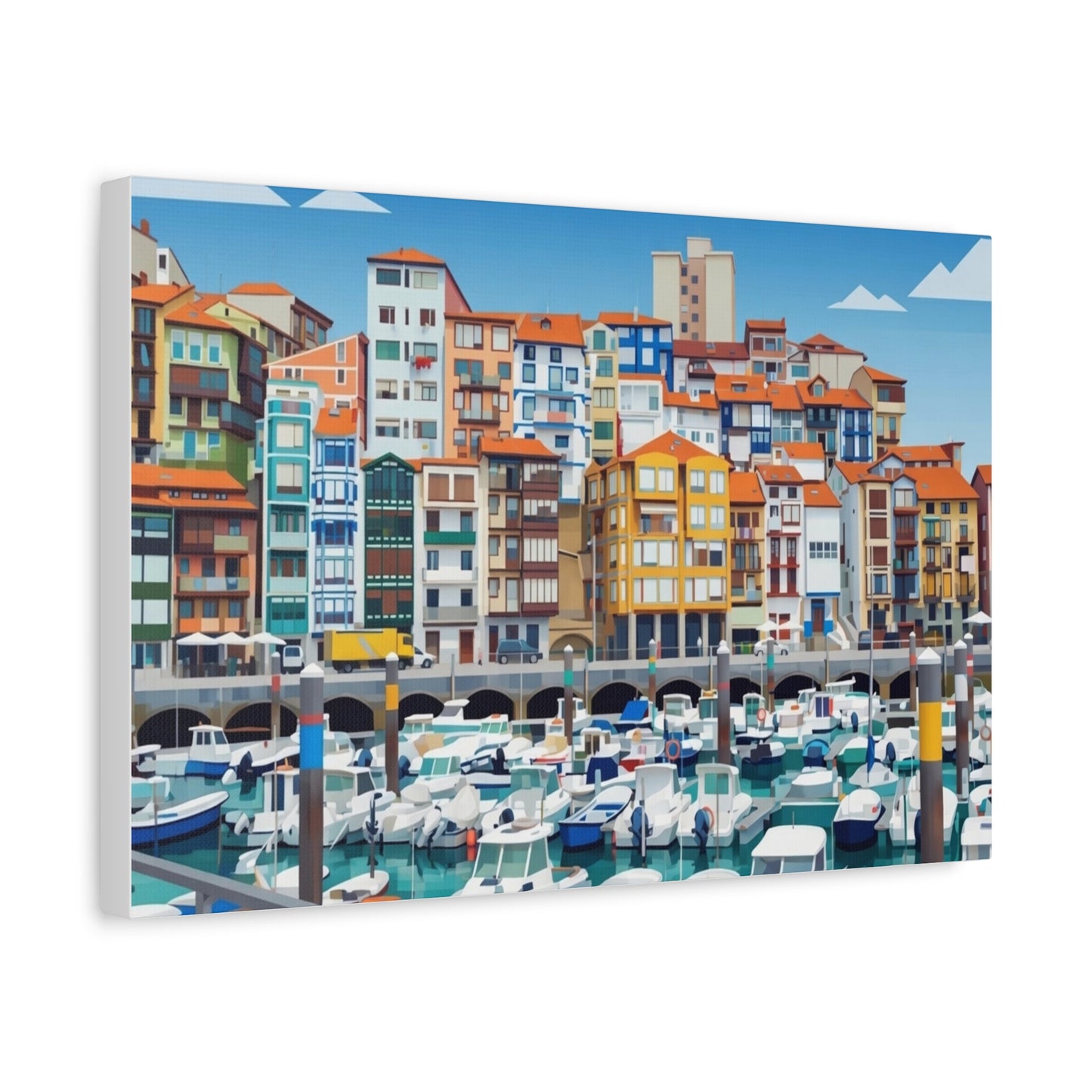 Colorful Coastal Harbor Matte Canvas Print — Stretched Wall Art