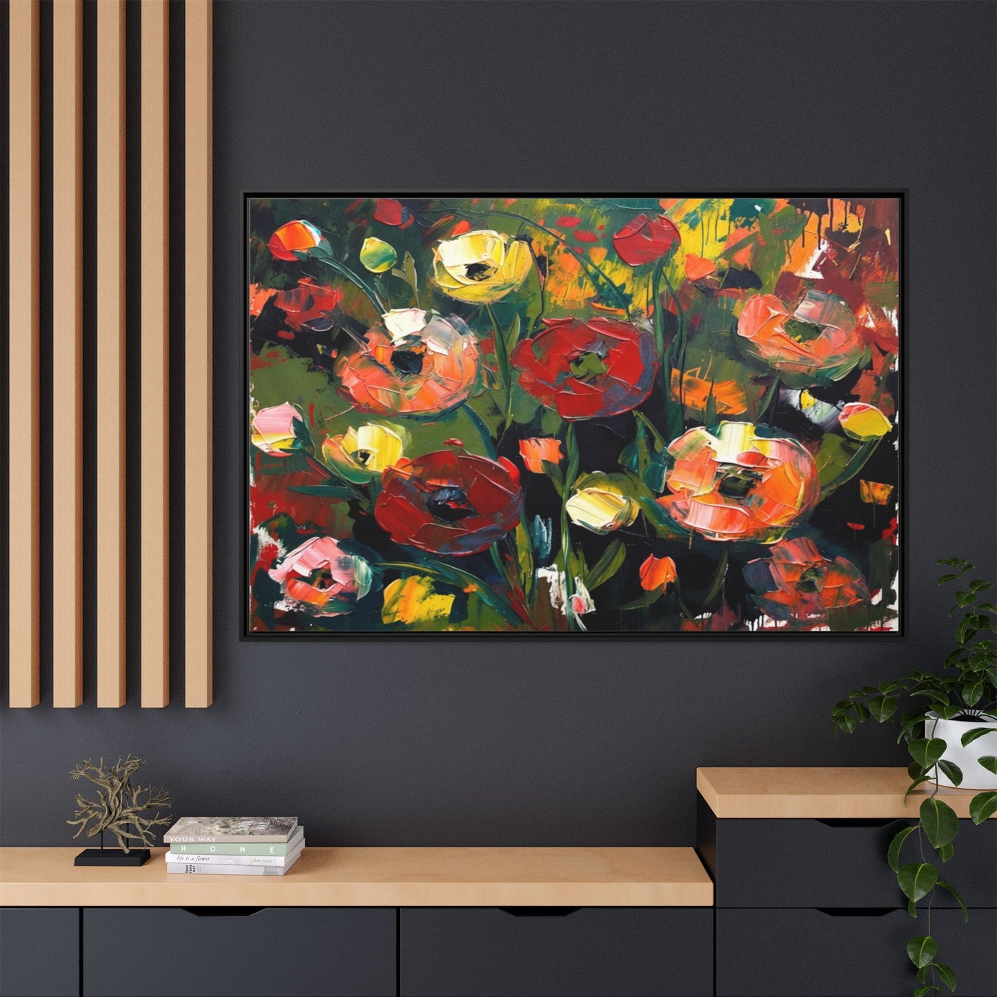 Framed Floral Canvas Print — Vibrant Abstract Poppies Wall Art