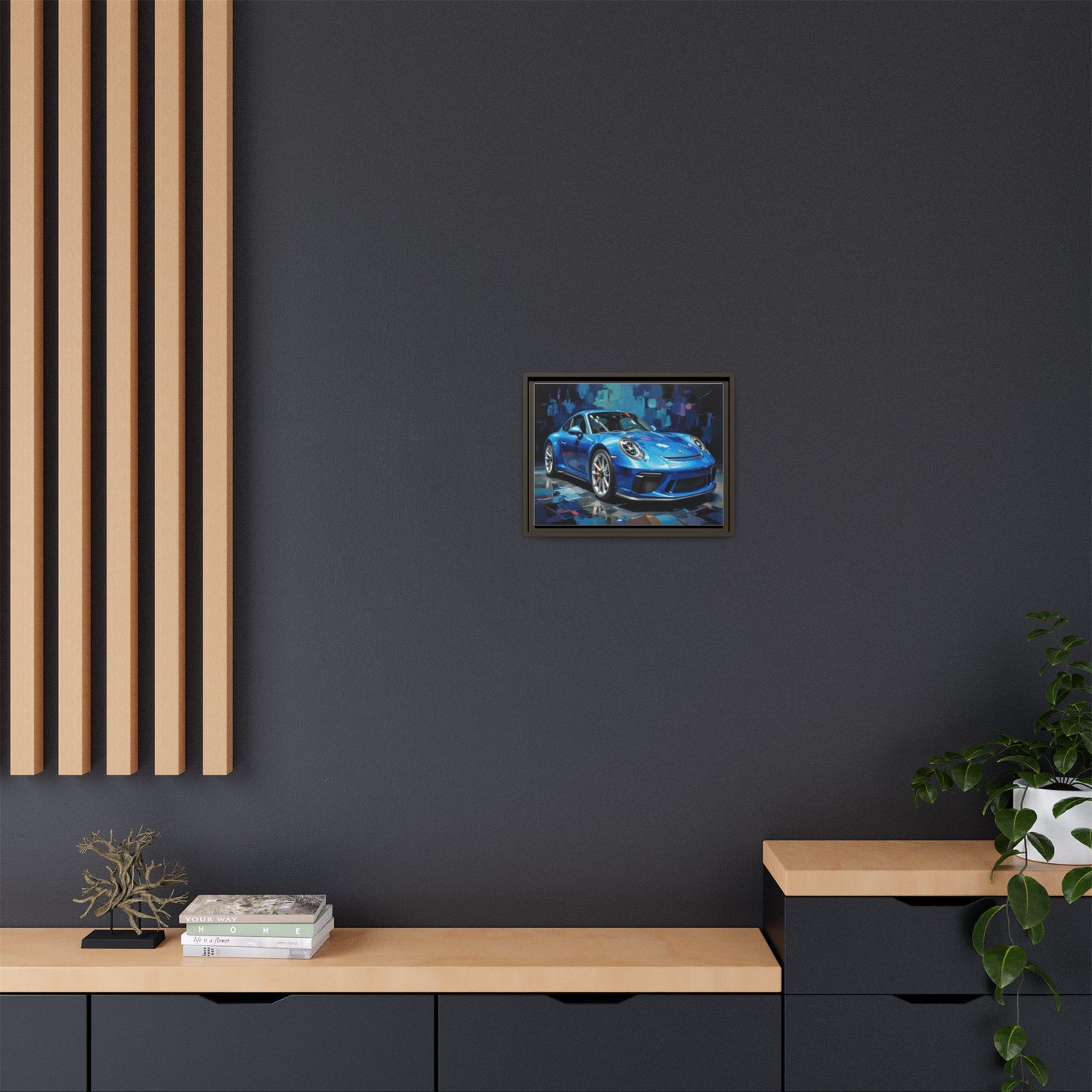 Blue Sports Car Matte Canvas Framed Print — Modern Automotive Wall Art