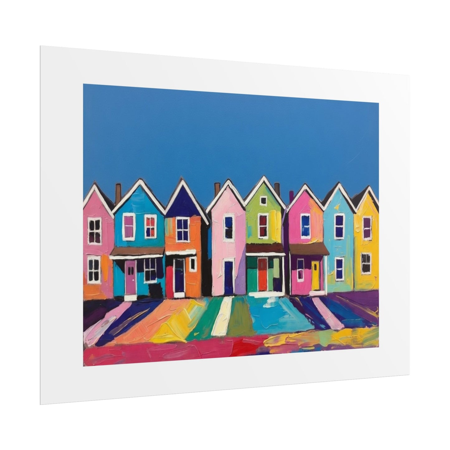 Colorful Row Houses Art Poster — Vibrant Coastal Street Wall Print