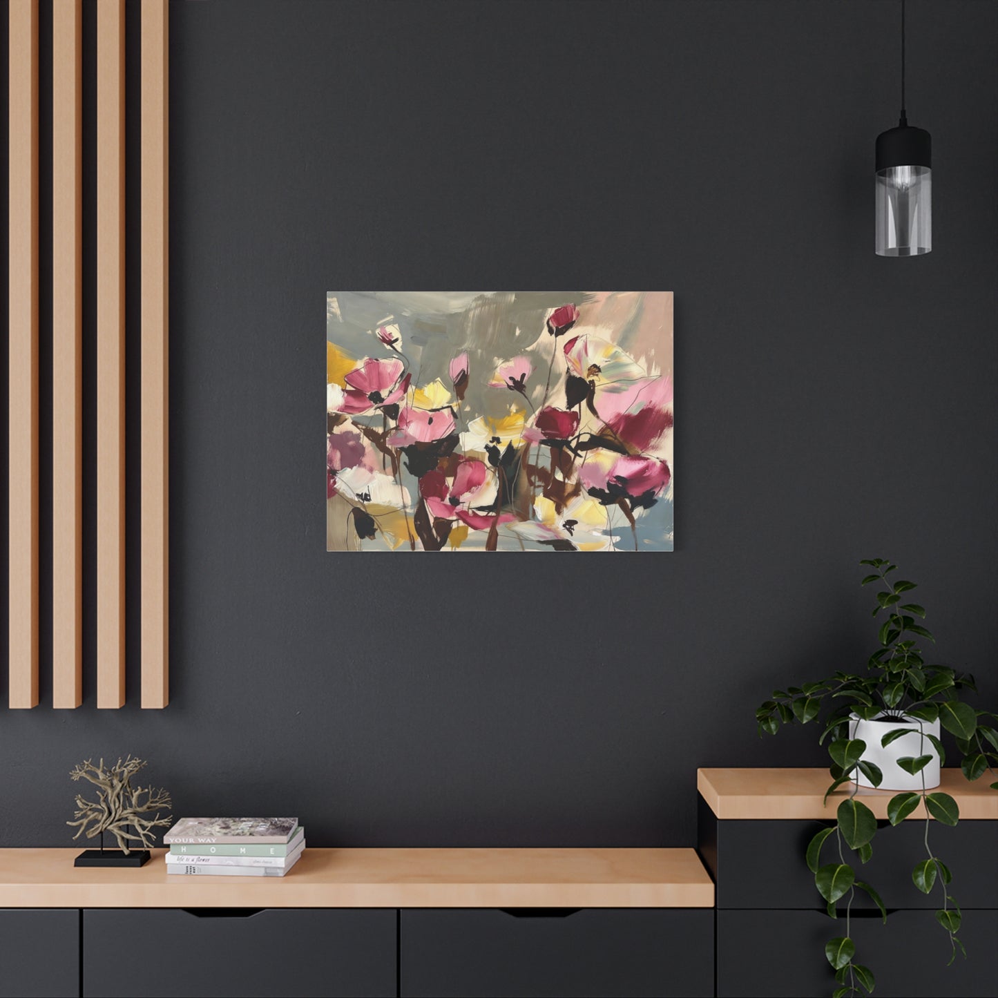 Floral Abstract Canvas Wall Art — Pink & Yellow Bloom Stretched Matte Print