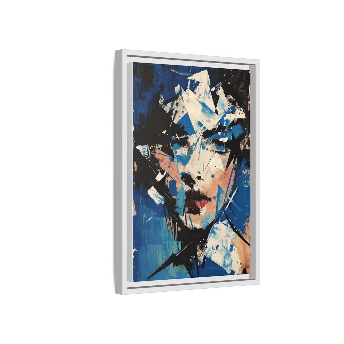 Abstract Portrait Matte Canvas Framed Wall Art — Blue Mixed-Media Face Print