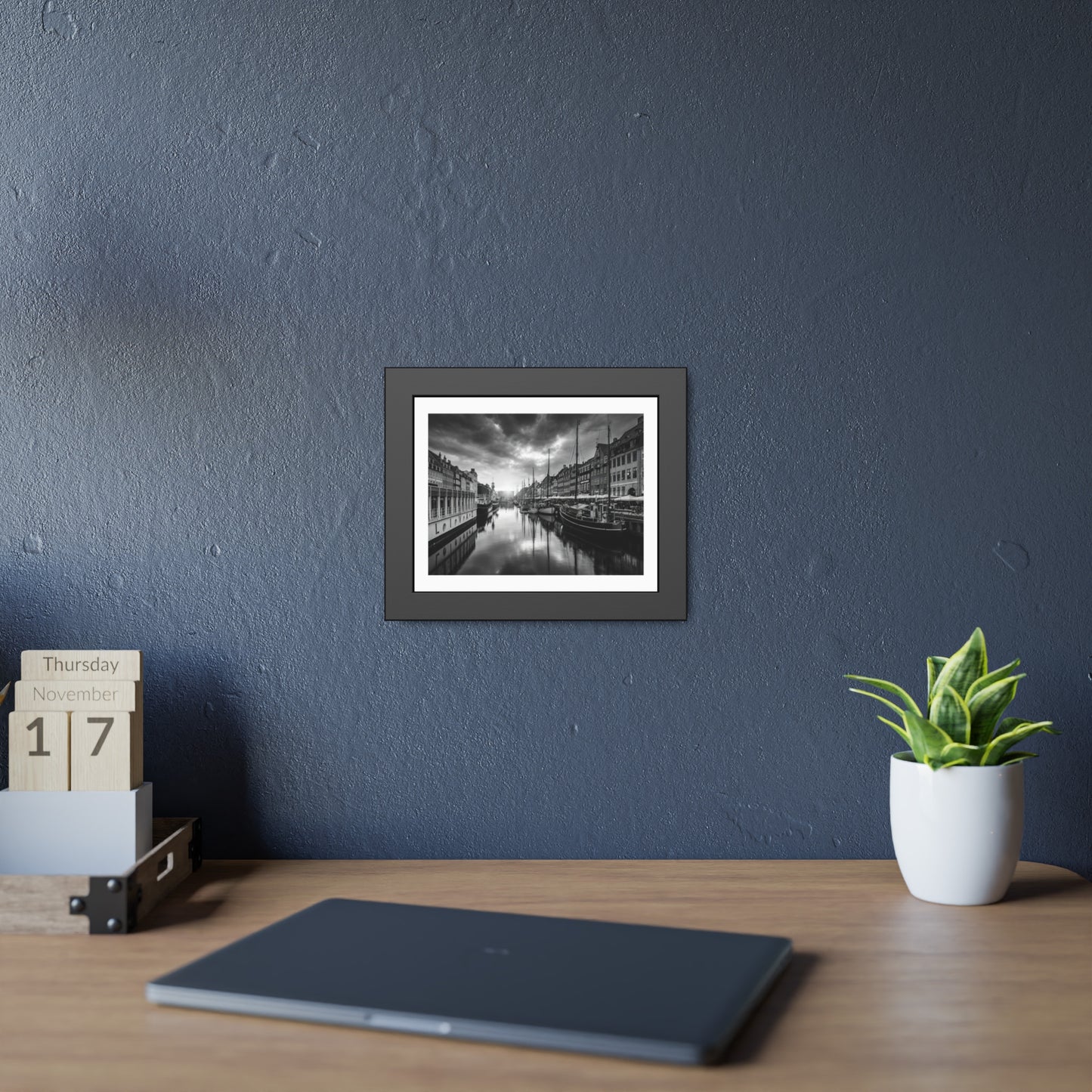 Black & White Dutch Canal Framed Photo Print — Nautical Cityscape Wall Art