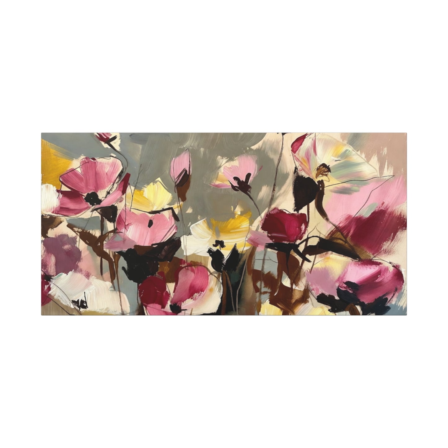 Floral Abstract Canvas Wall Art — Pink & Yellow Bloom Stretched Matte Print