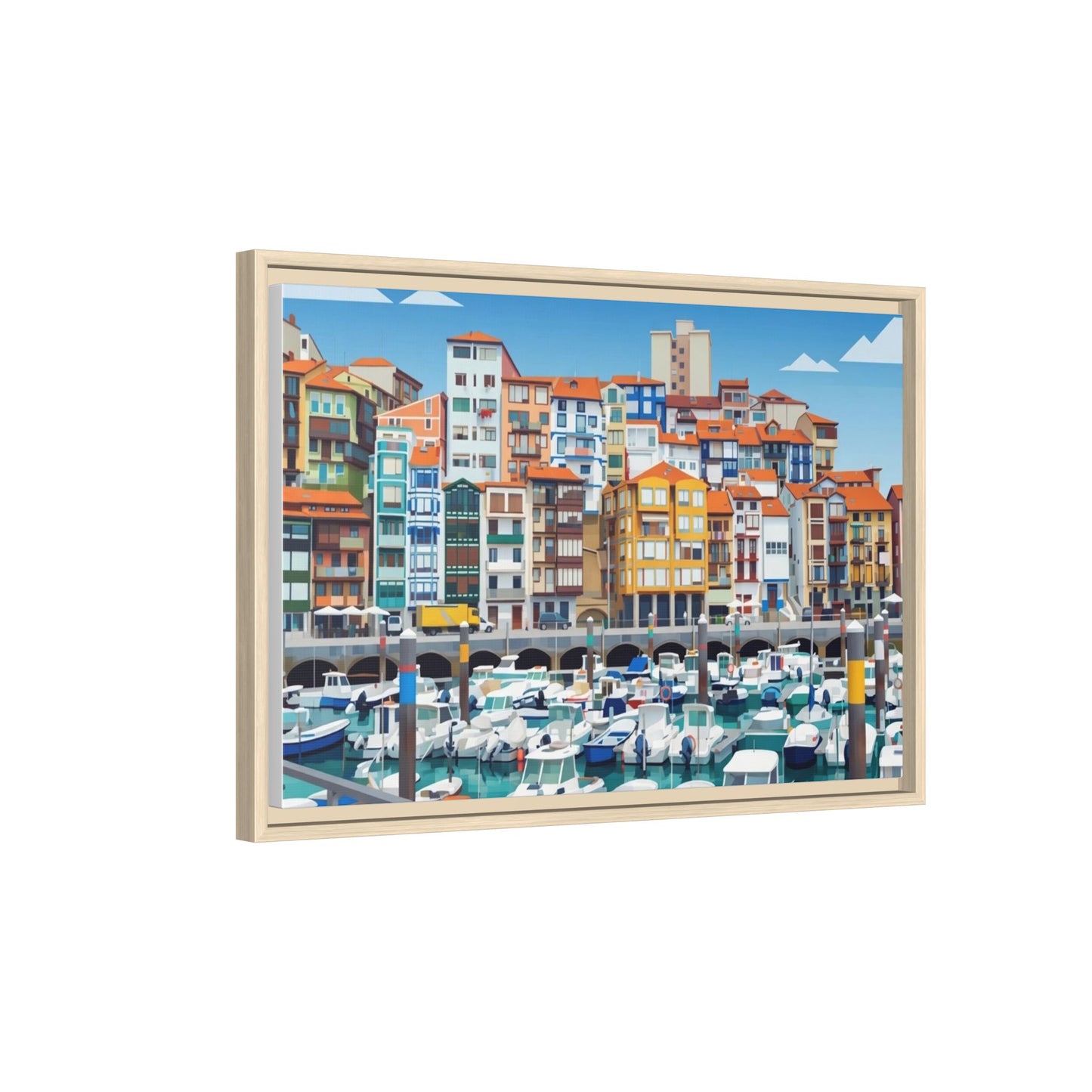 Framed Matte Canvas Print — Colorful Mediterranean Harbor Illustration