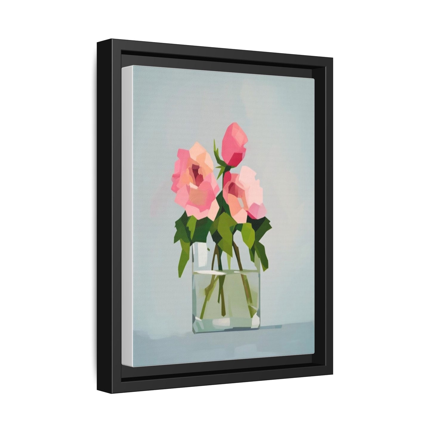 Framed Floral Canvas Print — Pink Roses in Glass Vase (Matte)