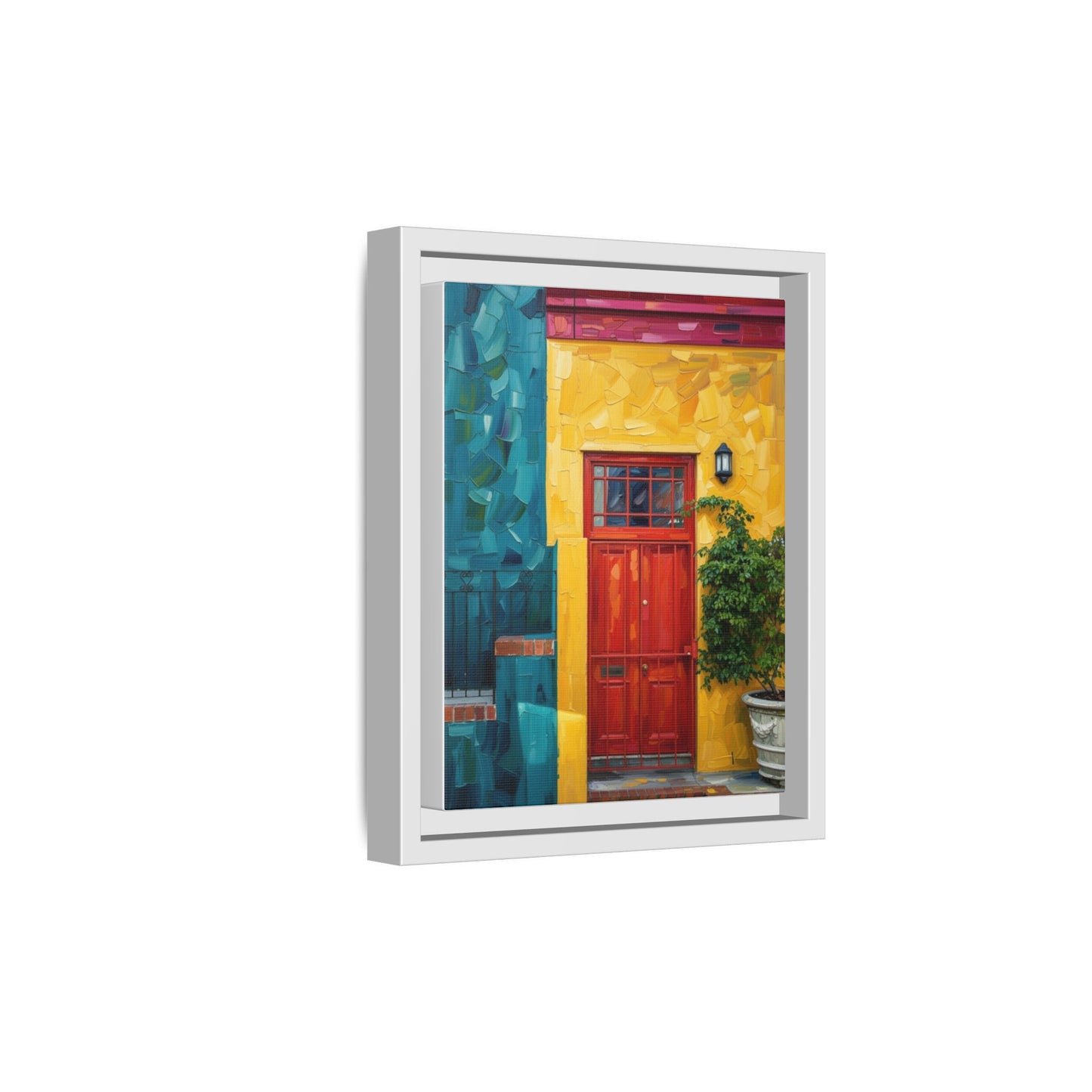 Framed Matte Canvas Wall Art — Colorful Red Door on Yellow Facade