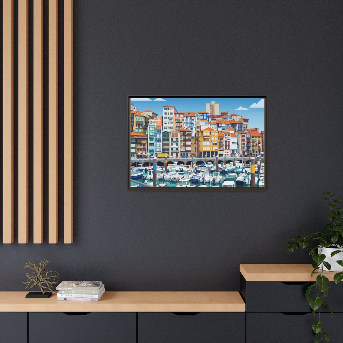 Framed Matte Canvas Print — Colorful Mediterranean Harbor Illustration