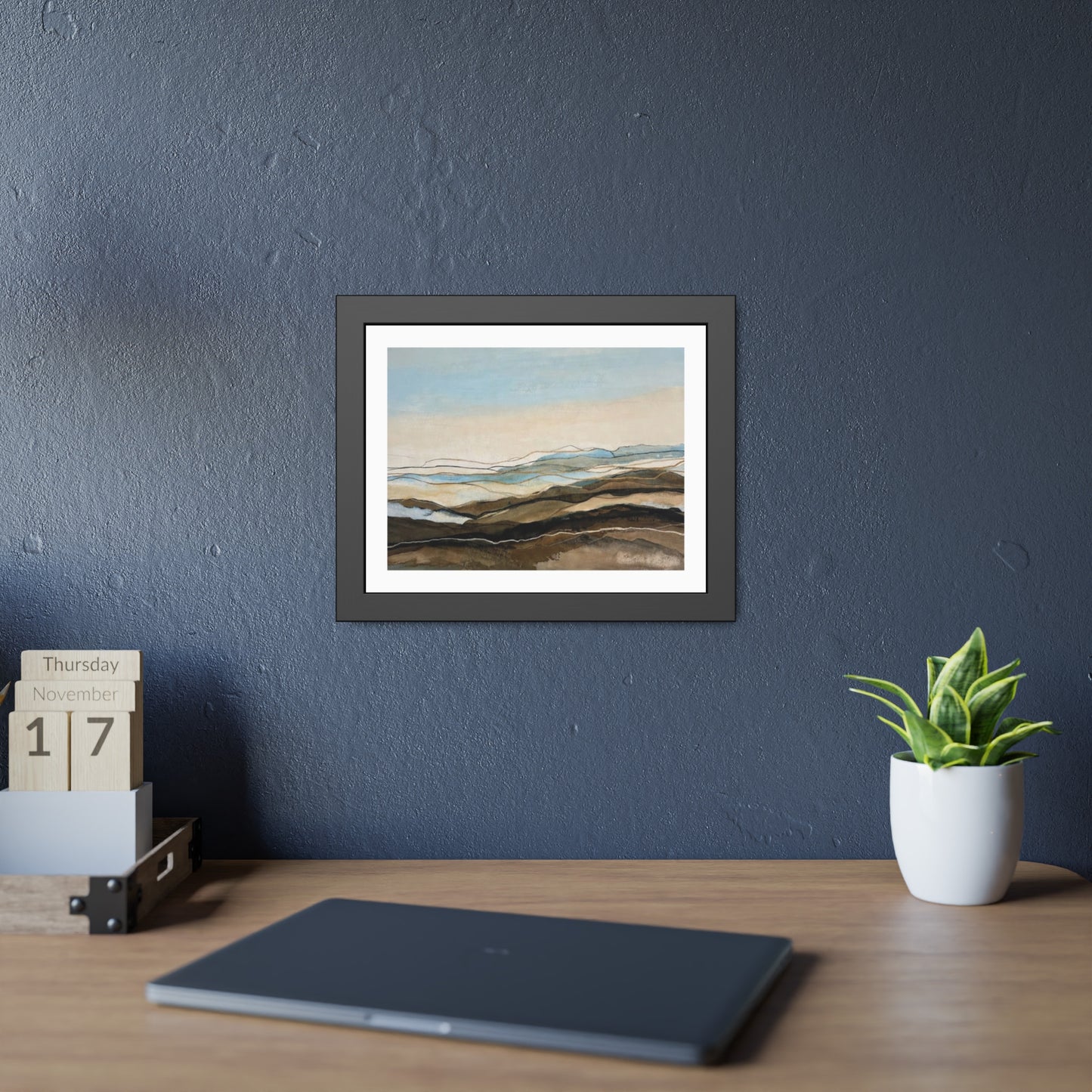 Coastal Abstract Landscape Framed Poster — Serene Blue & Earthtone Wall Art