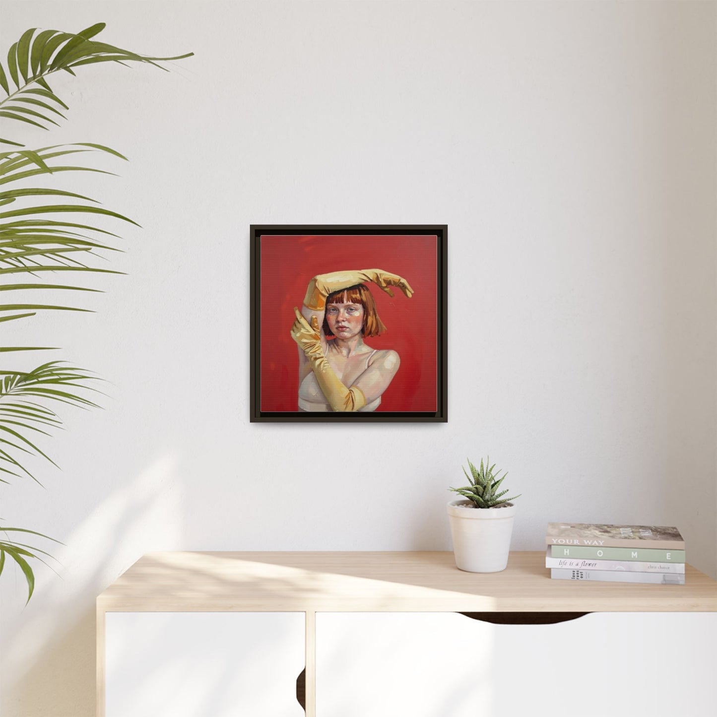 Framed Matte Canvas Art - Portrait of Woman in Yellow Gloves (Red Background)
