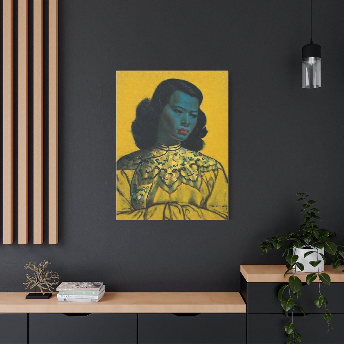 Vintage Portrait Canvas Print — Mid-Century Asian Woman Art on Yellow Background