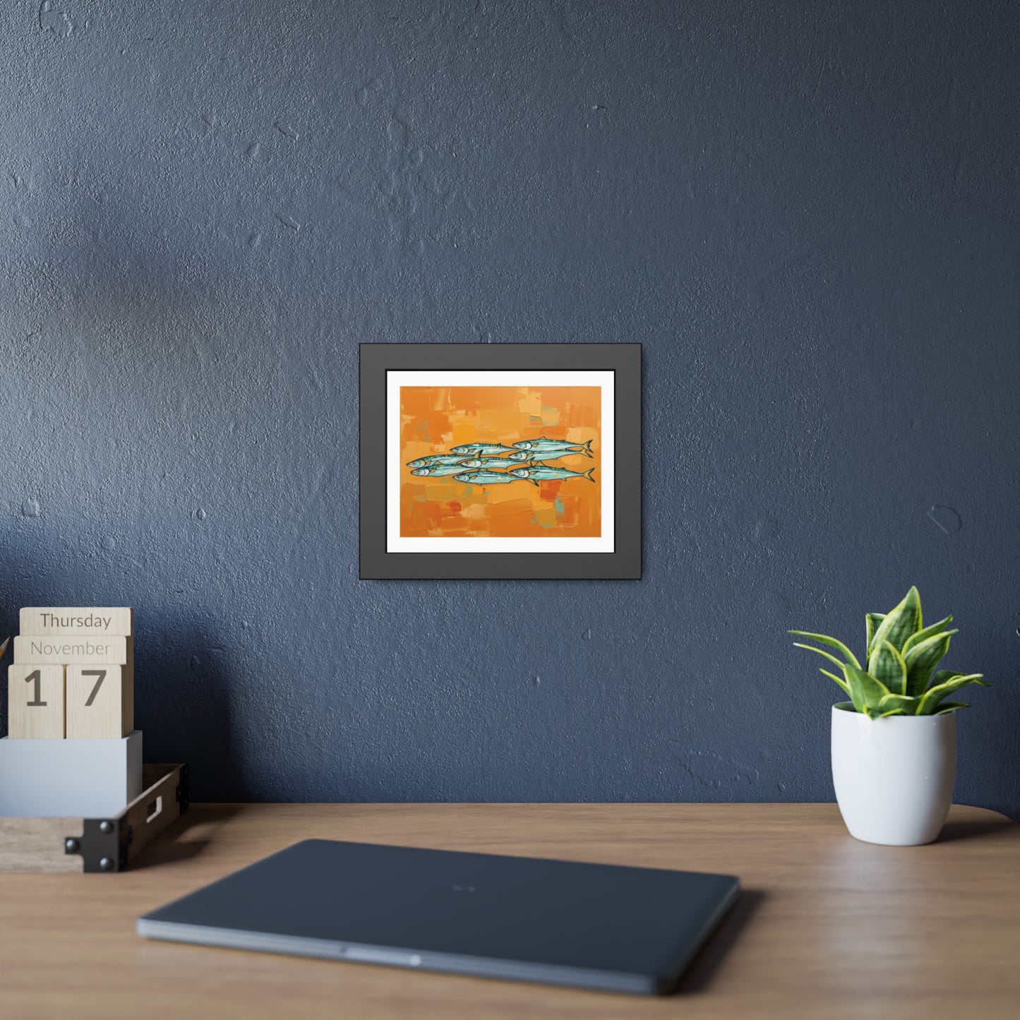Framed Fish Art Print — School of Mackerel on Orange Abstract Background