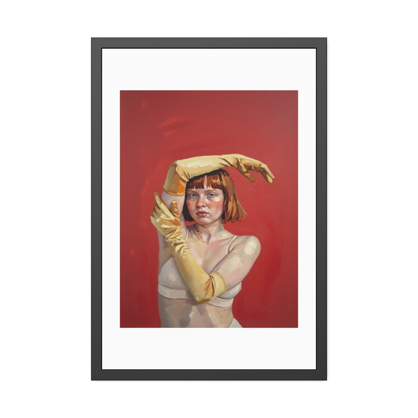 Framed Art Print — Retro Portrait with Yellow Gloves on Red Background