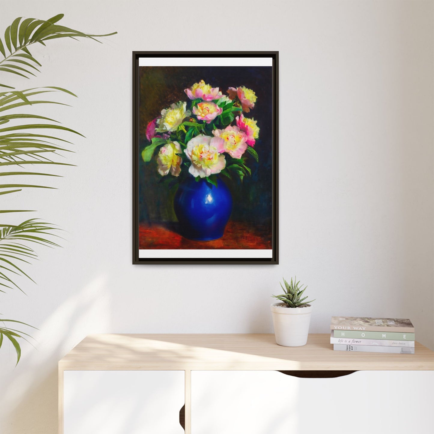 Framed Matte Canvas Wall Art — Vintage Floral Bouquet in Blue Vase