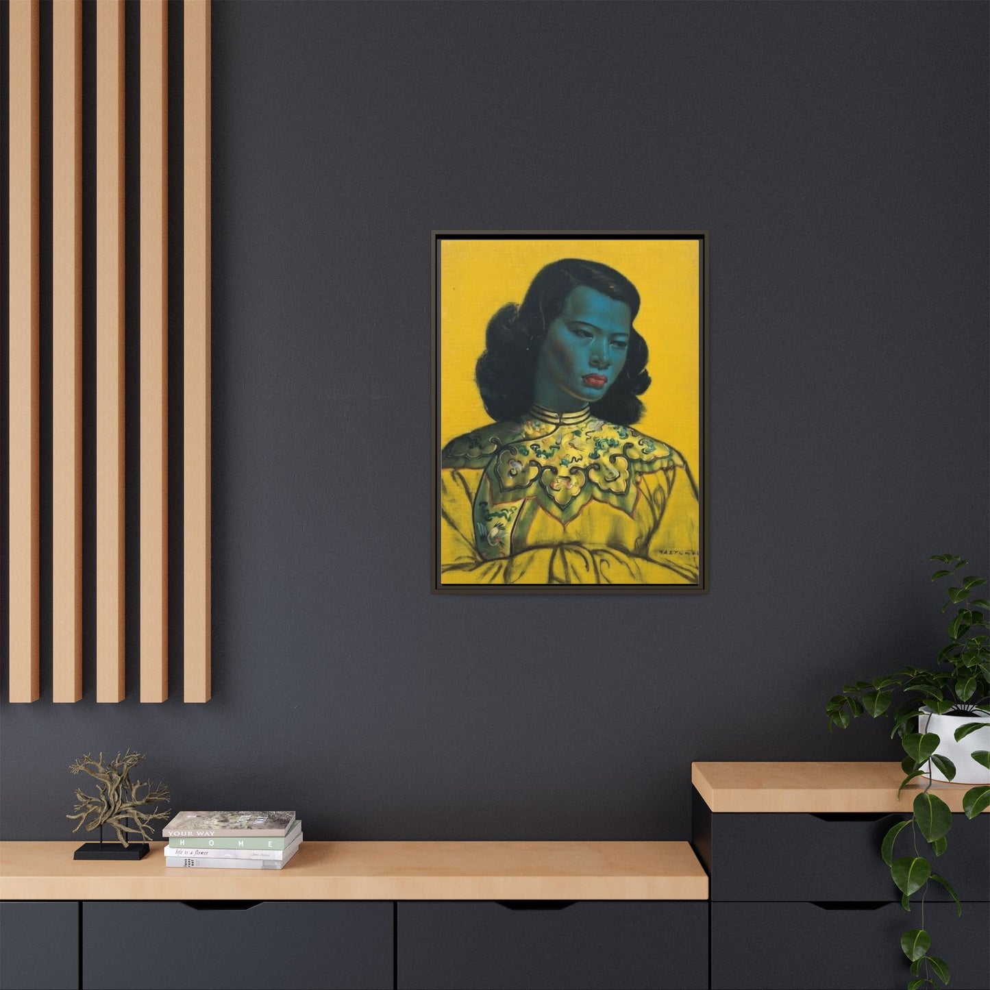 Framed Matte Canvas Art Print — Vintage Portrait with Yellow Background