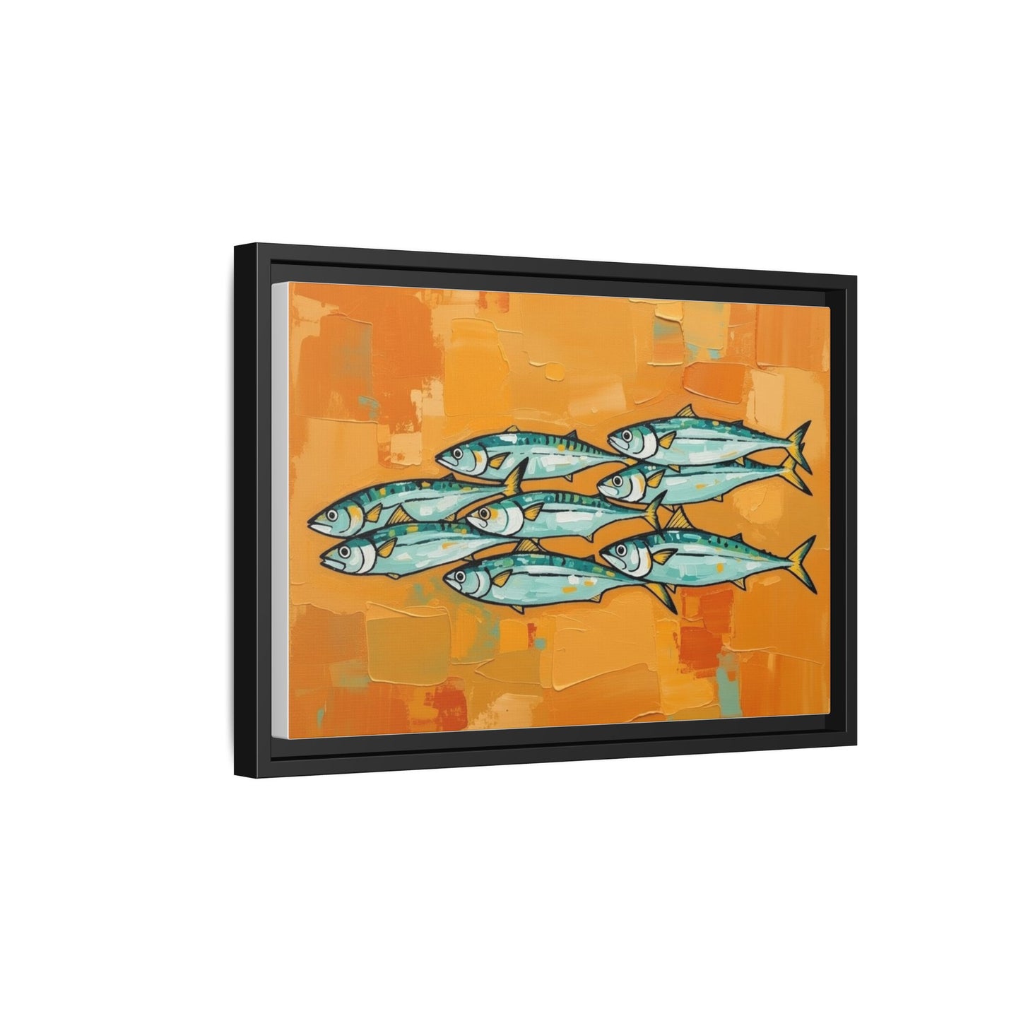 Framed Matte Canvas Print — School of Blue Fish on Orange Abstract Background