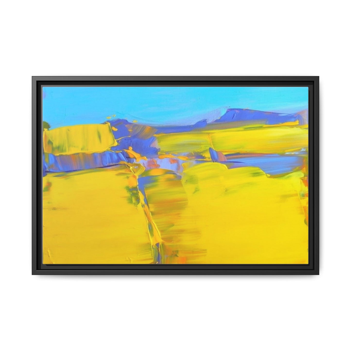 Framed Matte Canvas  Vibrant Yellow Blue Abstract Landscape Art