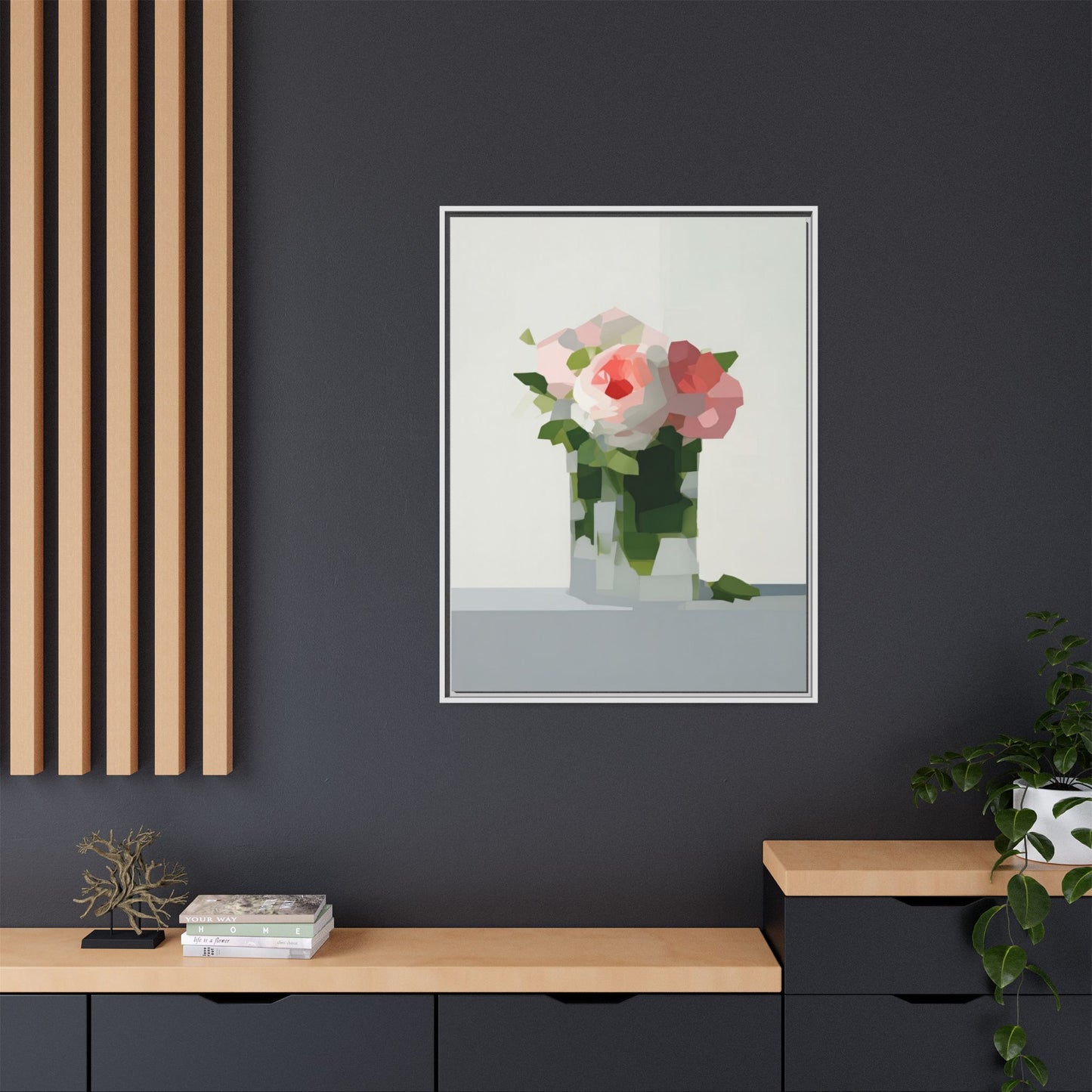 Framed Floral Canvas Print — Modern Pink Roses Still Life