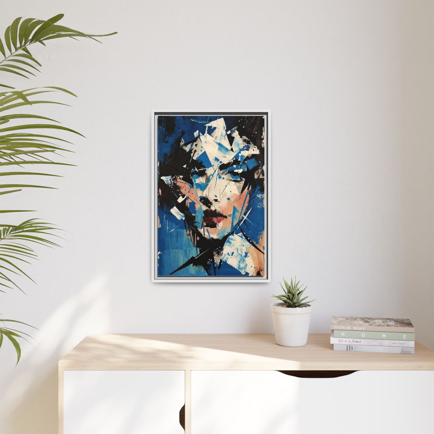 Abstract Portrait Matte Canvas Framed Wall Art — Blue Mixed-Media Face Print