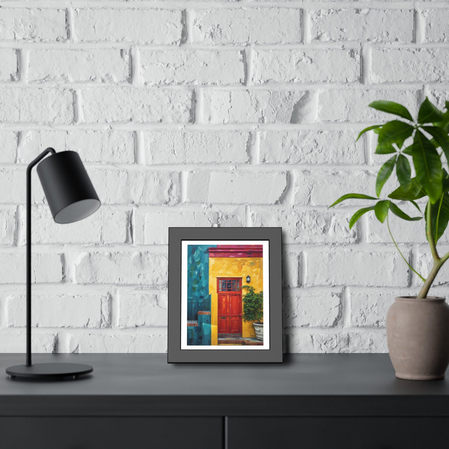 Framed Art Print - Vibrant Red Door Street Scene Poster